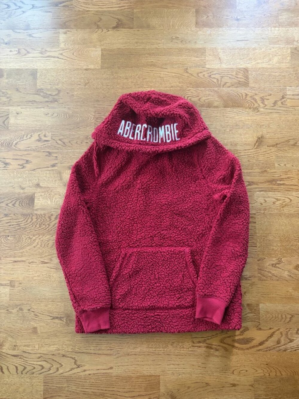 Abercrombie Women Sherpa Fleece Hoodie Pullover Sweatshirt S Pocket RED Teddy
